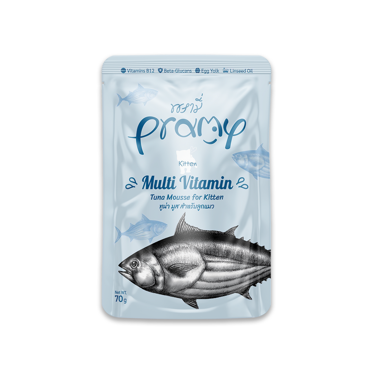 [MANOON] PRAMY Multi Vitamin Tuna Mousse flavor for Kitten พรามี่ อาหารเปียก รสทูน่ามูสสำหรับลูกแมว ขนาด 70 กรัม (12ซอง)