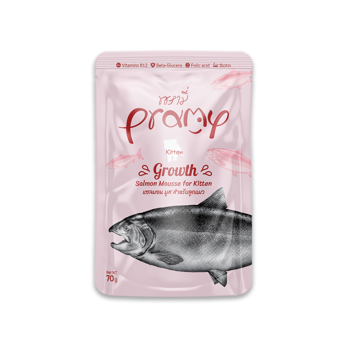 [MANOON] PRAMY Growth Salmon Mousse flavor for Kitten พรามี่ อาหารเปียก รสแซลมอนมูสสำหรับลุกแมว ขนาด 70 กรัม (12 ซอง)