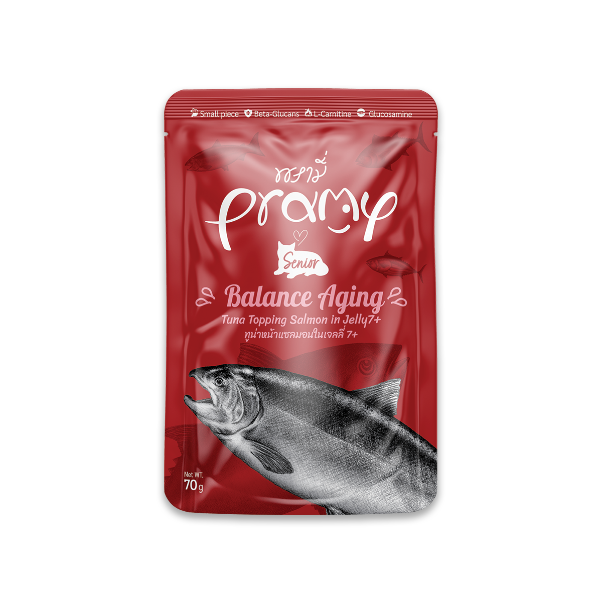 [MANOON] PRAMY  Balance Aging Tuna Salmon in Jelly 7+ flavor พรามี่ อาหารเปียก รสทูน่าหน้าแซลมอนในเจลลี่ 7+ ขนาด 70 กรัม (12 ซอง)