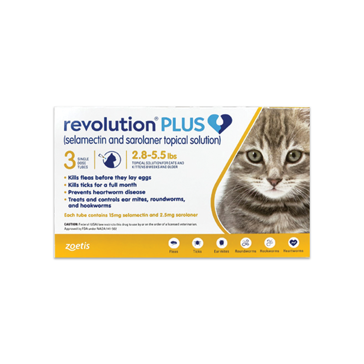 Revolution Plus for Cats เรโวลูชั่น พลัส ยาหยอดกำจัด เห็บ หมัดแมว 1.25-2.50 กิโลกรัม