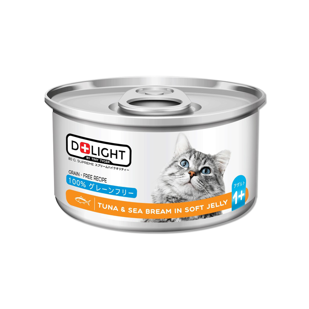 D+LIGHT Tuna Topping Sea Bream In Soft Jelly ดีไลท์ อาหารแมวกระป๋อง รสทูน่าเนื้อขาวพรีเมี่ยมหน้าปลาทรายแดงในเจลลี่นุ่ม 80 กรัม