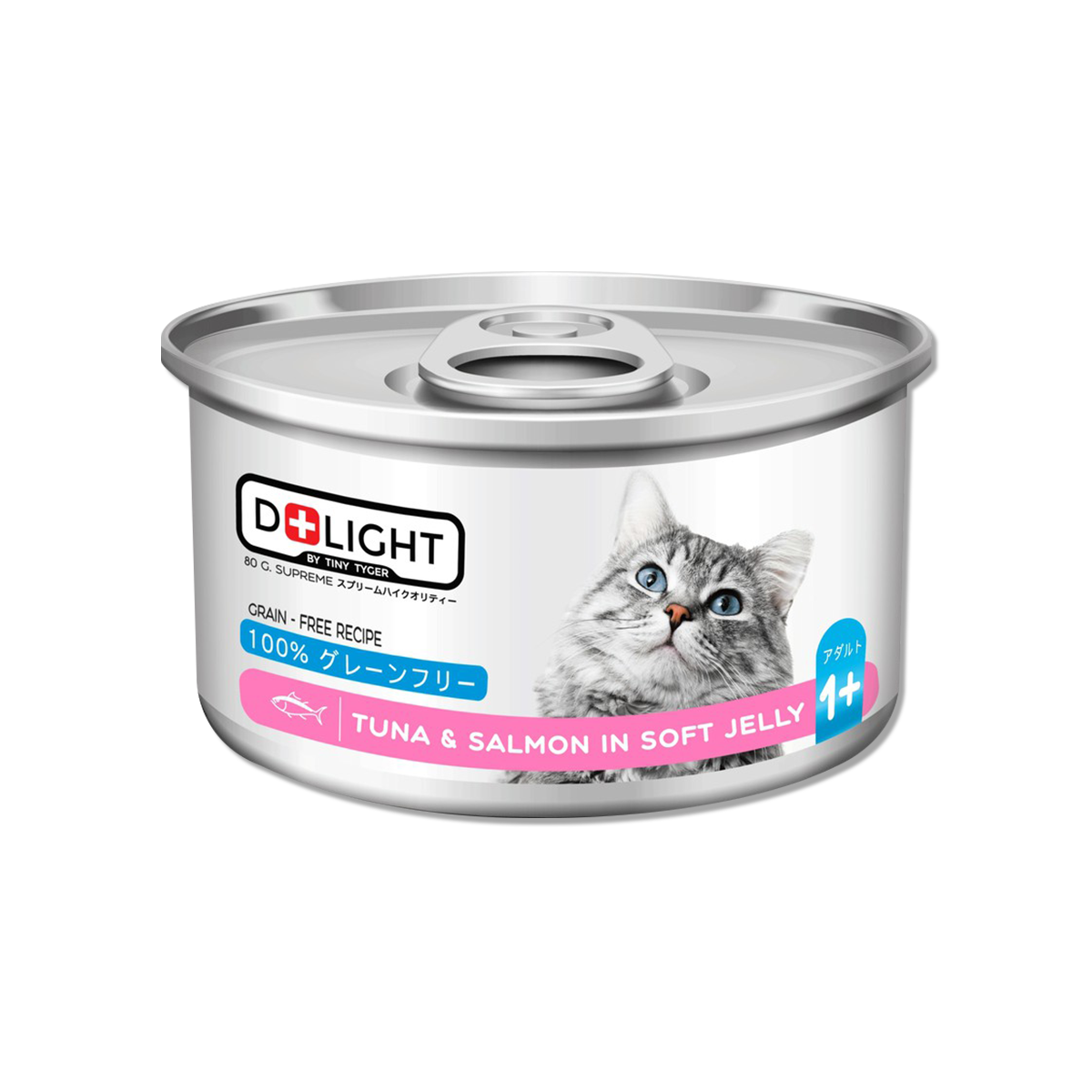 D+LIGHT Tuna Topping Salmon In Soft Jelly ดีไลท์ อาหารแมวกระป๋อง รสทูน่าเนื้อขาวพรีเมี่ยมหน้าปลาแซลมอนในเจลลี่นุ่ม 80 กรัม 