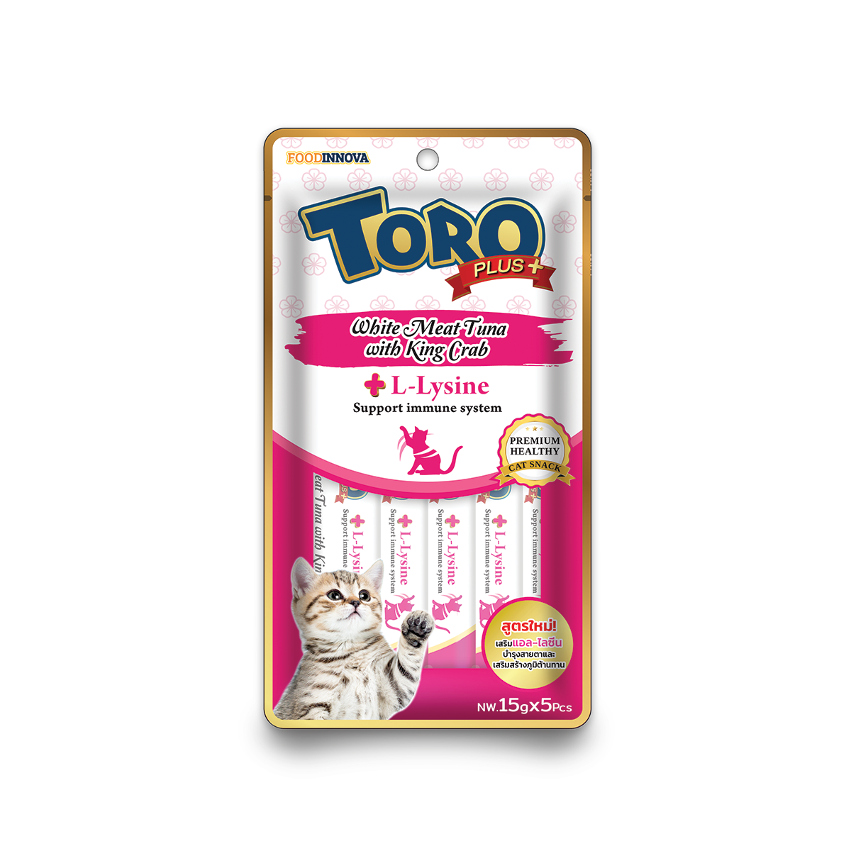 [MANOON] TORO Plus+ โทโร่  พลัส ขนมแมวเลีย รสปลาทูน่าเนื้อขาวกับปูยักษ์ ขนาด 15 กรัม (5 ซอง)