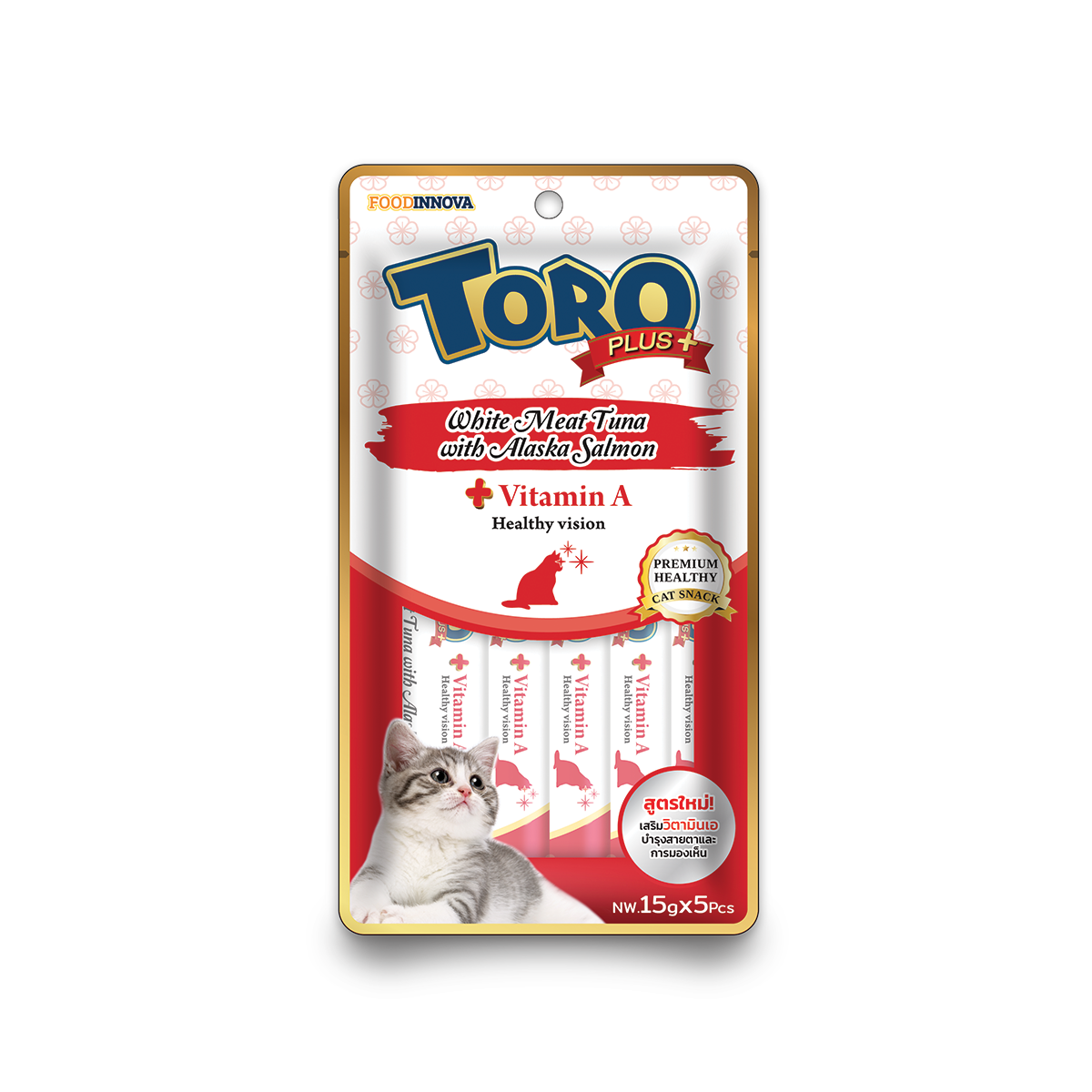 [MANOON] TORO Plus+ โทโร่  พลัส ขนมแมวเลีย รสปลาทูน่าเนื้อขาวกับอลาสก้าแซลมอน ขนาด 15 กรัม (5 ซอง)