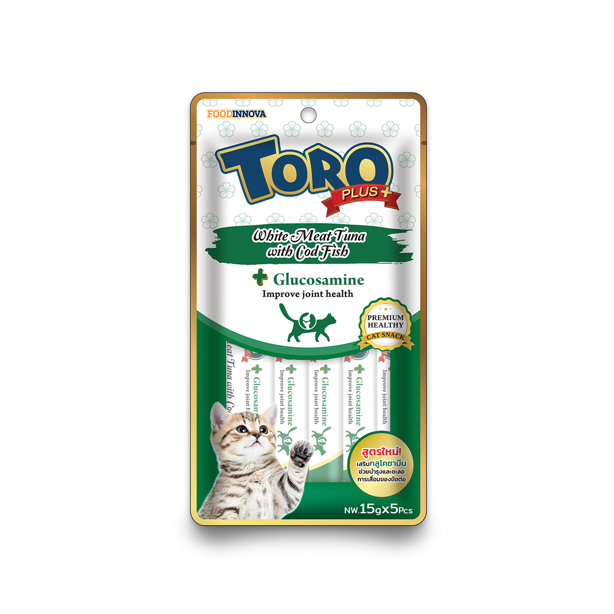 Toro Plus+ โทโร่ พลัส ขนมแมวเลีย รสปลาทูน่าเนื้อขาวกับปลาค็อด ขนาด 15 กรัม (5 ซอง)