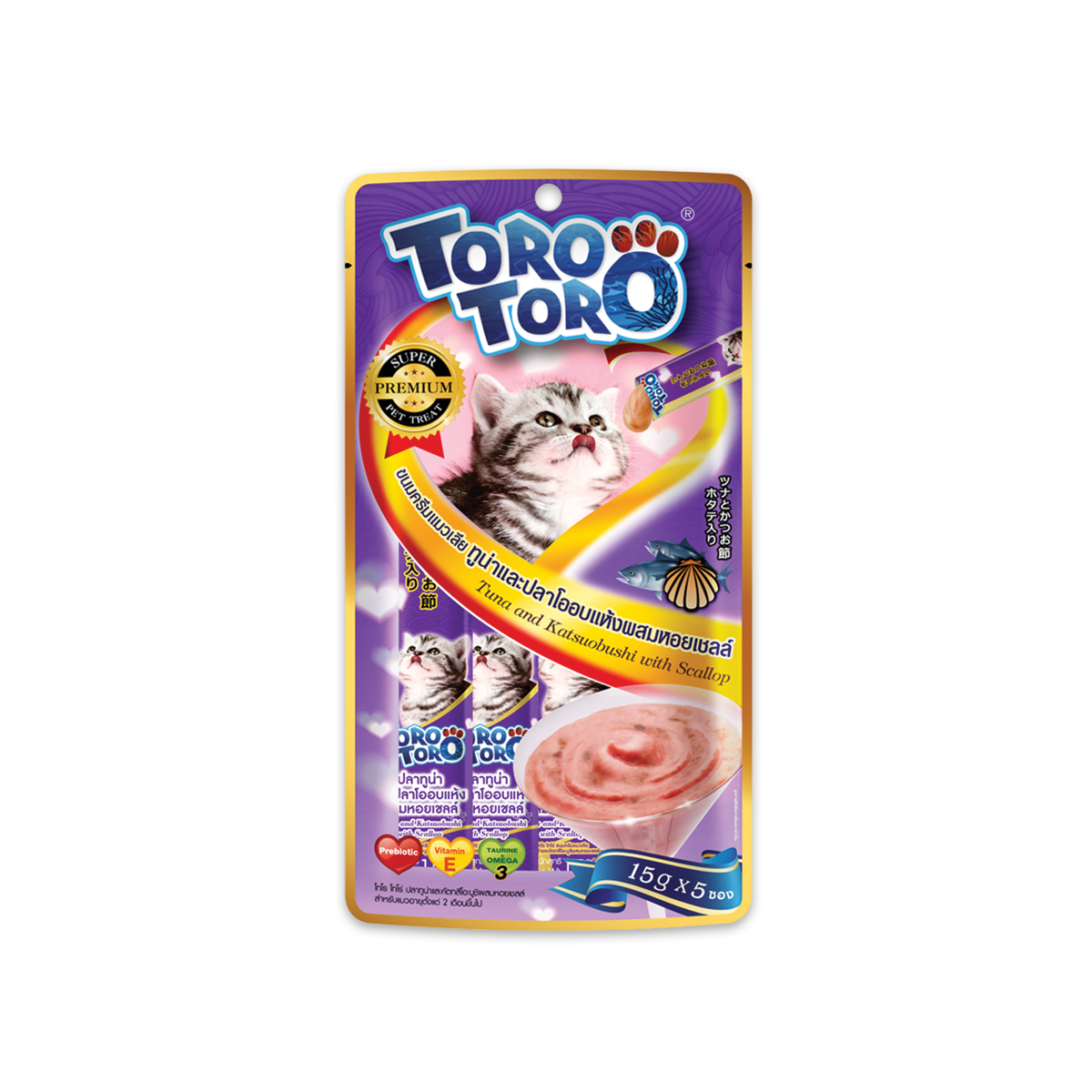 Toro Toro Cat Liquid Lick Snack Tuna Katsuobushi and Scallop โทโร โทโร่ ขนมครีมแมวเลียทูน่าและปลาอบแห้งผสมหอยเชลล์ ขนาด 15 กรัม
