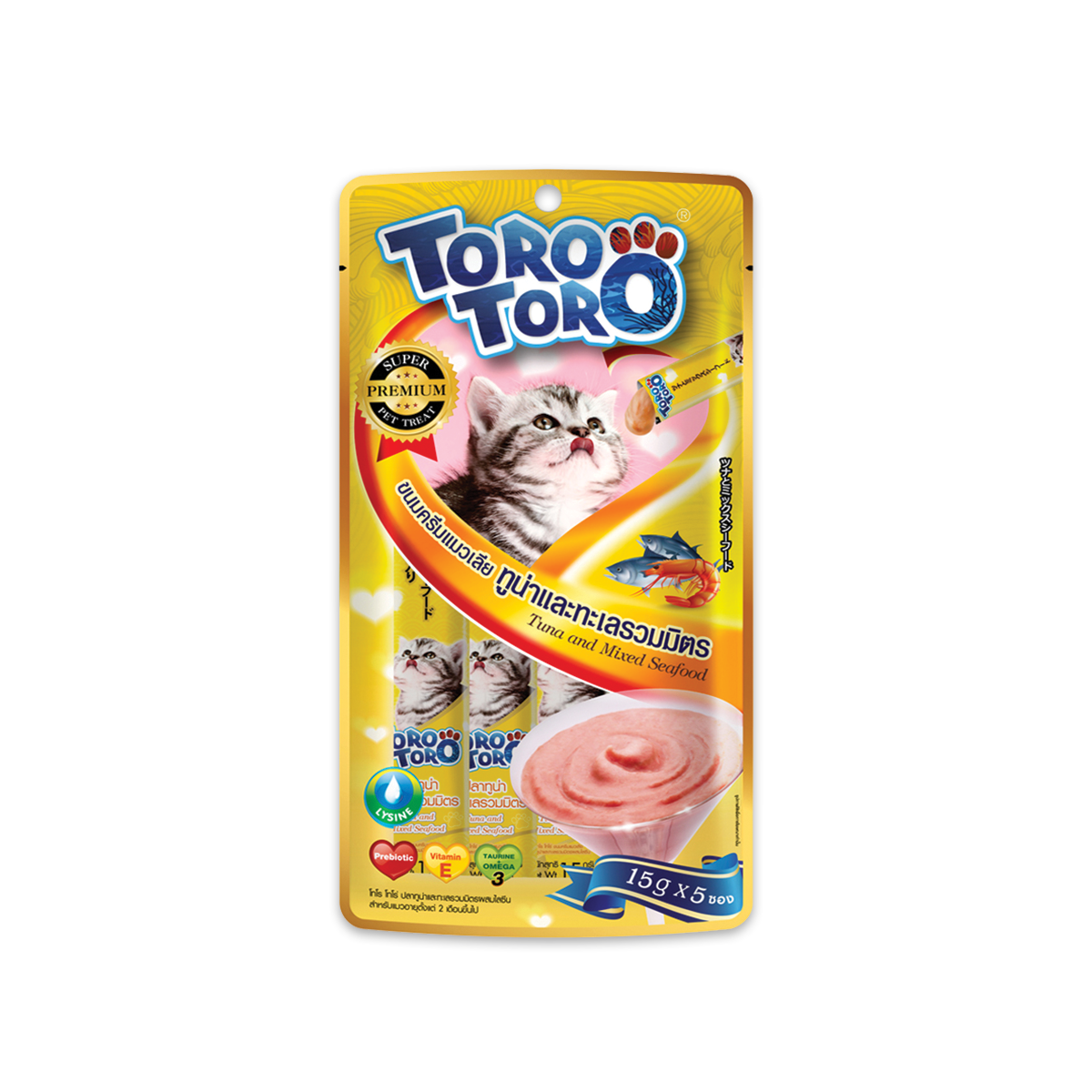 Toro Toro Cat Lickable Treat Tuna and Mixed Seafood โทโร โทโร่ ขนมครีมแมวเลีย ทูน่าและทะเลรวมมิตรผสมไลซีน ขนาด 15 กรัม