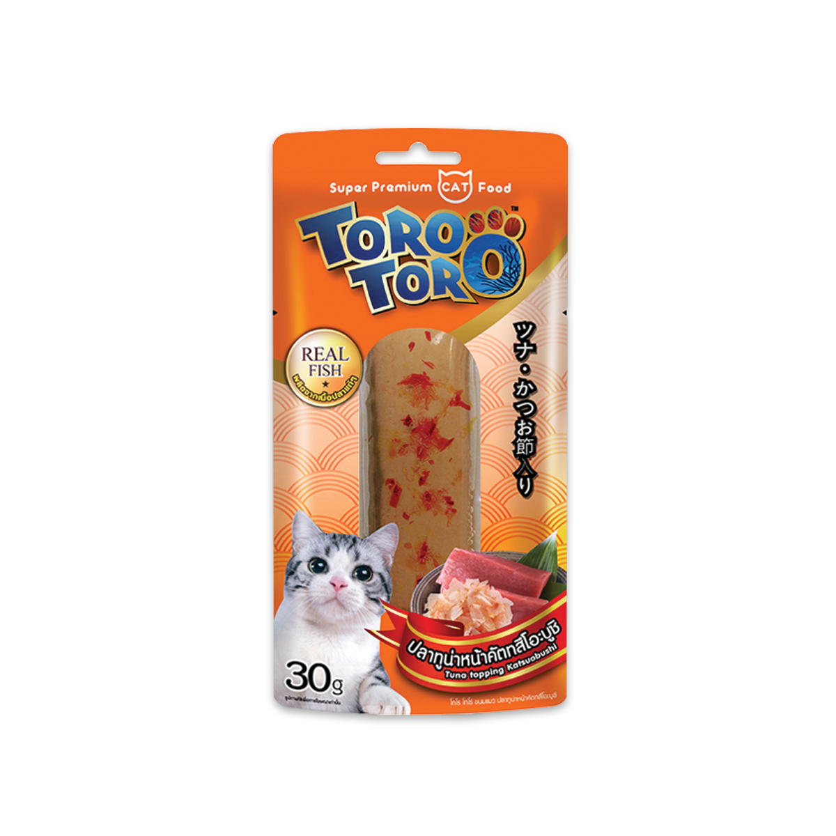 Toro Toro Tuna topping Katsuobushi โทโร โทโร่ อาหารว่างสำหรับแมวปลาทูน่าหน้าคัตทสึโอะบูชิ ขนาด 30 กรัม (12 ซอง)