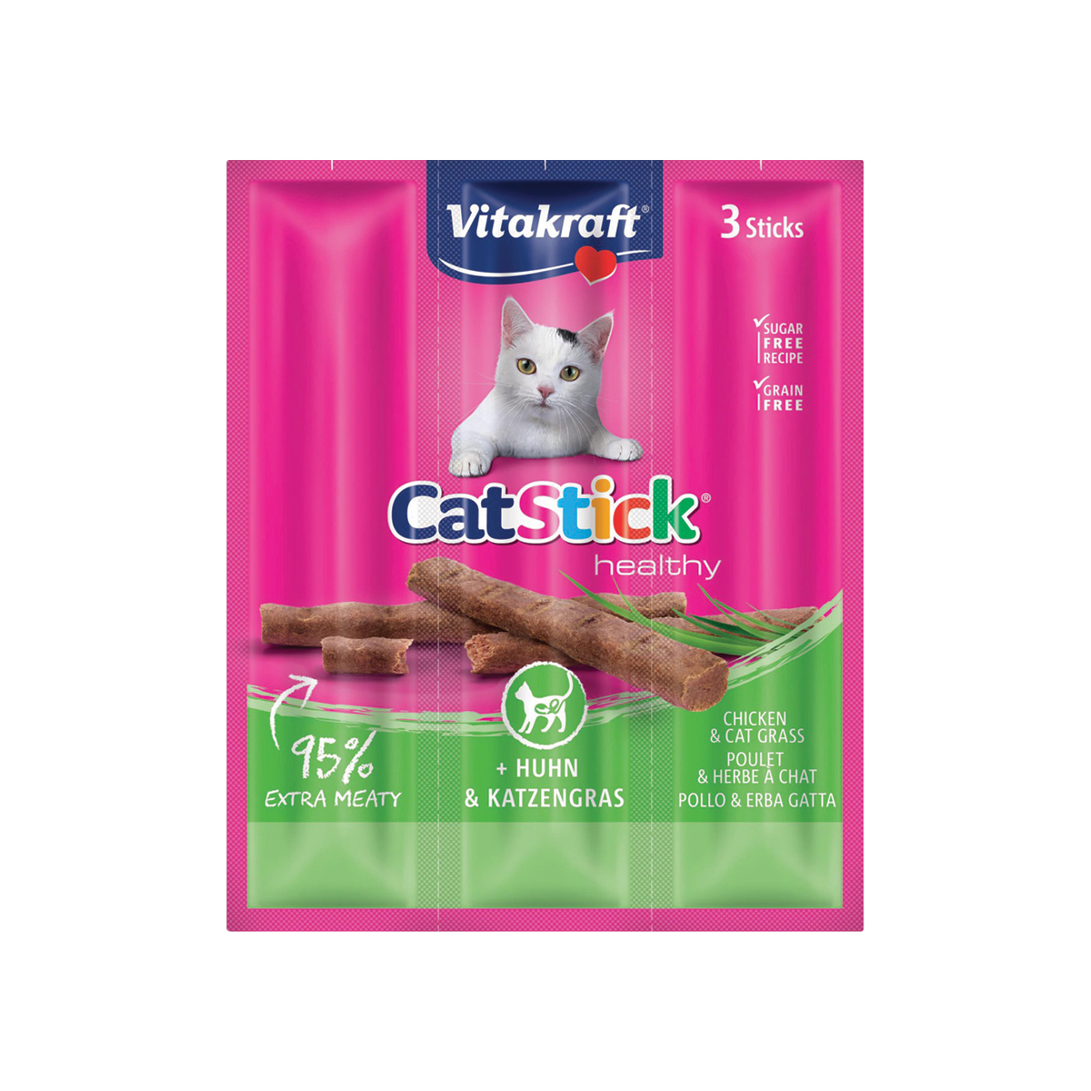 [MANOON] VITAKRAFT Cat Stick Chicken With Grass Treats Flavor ไวต้าคราฟ แคทสติ๊ก ขนมแมวแท่งนิ่ม รสไก่และหญ้าธรรมชาติ ขนาด 18 กรัม