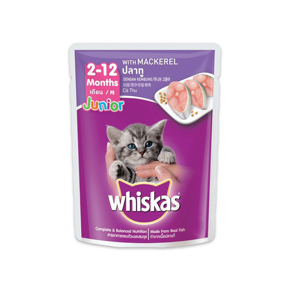 [MANOON] WHISKAS  Pouch Junior Mackerel วิสกัส อาหารเปียกแมวแบบซอง สูตรลูกแมว รสปลาทู ขนาด 85 กรัม (24 ซอง)