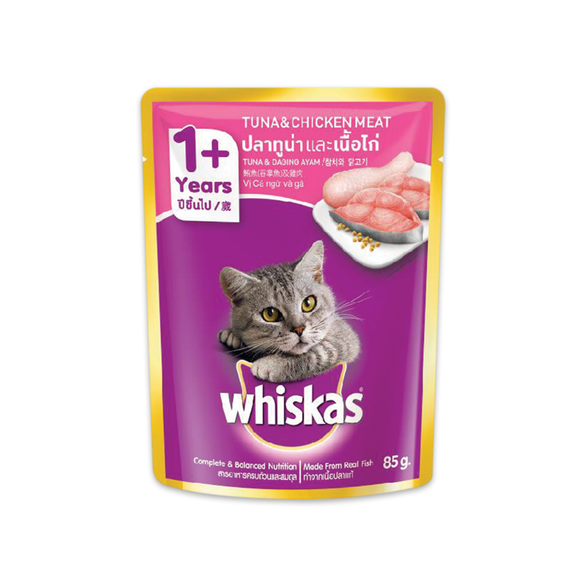 [MANOON] WHISKAS  Pouch Tuna Chicken Meat วิสกัส อาหารเปียกแมวแบบซอง รสปลาทูน่าและเนื้อไก่ ขนาด 85 กรัม (12 ซอง)