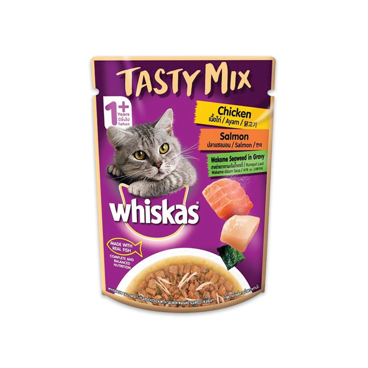 [MANOON] WHISKAS  Tastymix วิสกัส เทสตี้มิกซ์ อาหารเปียกแมว รสไก่พร้อมปลาแซลมอน สาหร่ายในน้ำเกรวี่ 70 กรัม (24 ซอง)