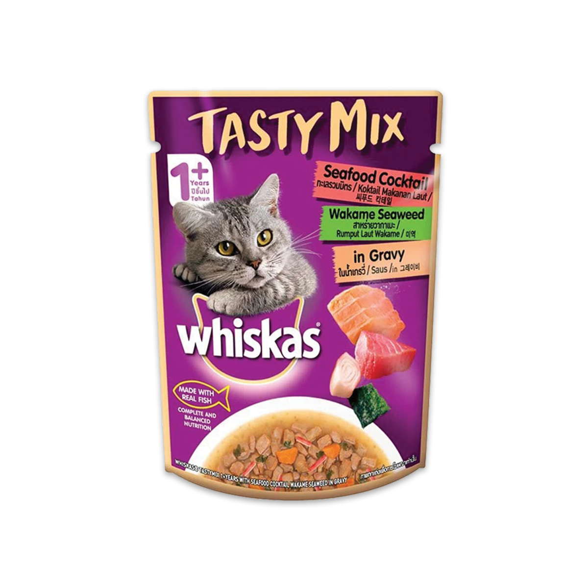 Whiskas Tastymix วิสกัส เทสตี้มิกซ์ อาหารเปียกแมว รสทะเลรวมมิตร สาหร่ายในน้ำเกรวี่ 70 กรัม