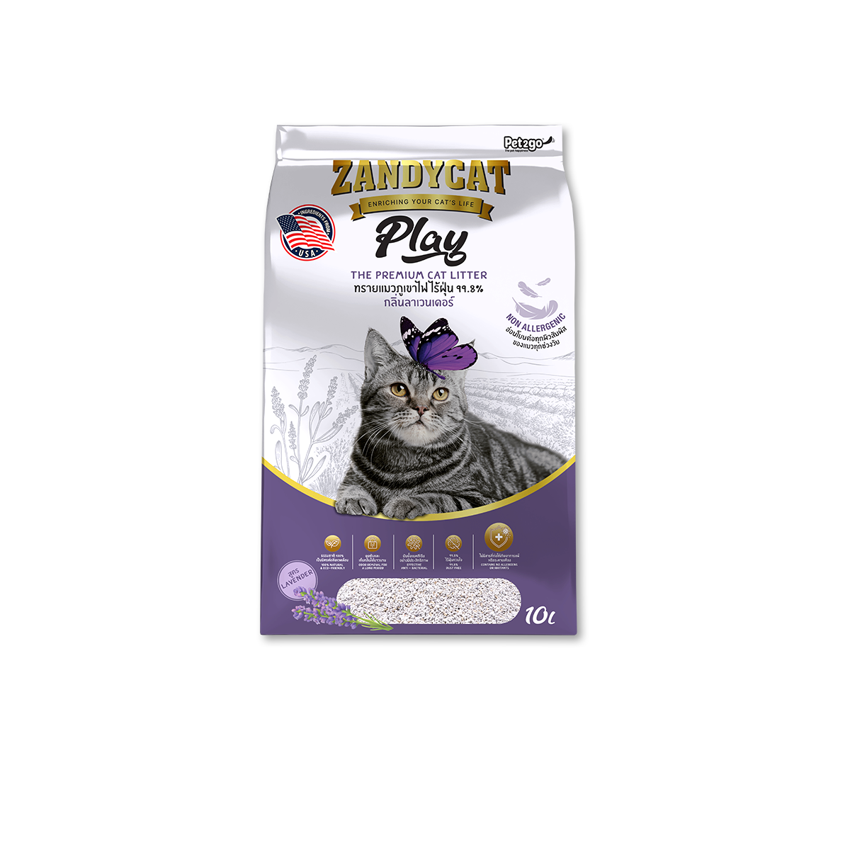 [MANOON] ZANDYCAT  Play Lavender Scented แซนดี้ แคท เพลย์ ทรายแมวภูเขาไฟ สูตรอ่อนโยน กลิ่น ลาเวนเดอร์ ขนาด 10 ลิตร