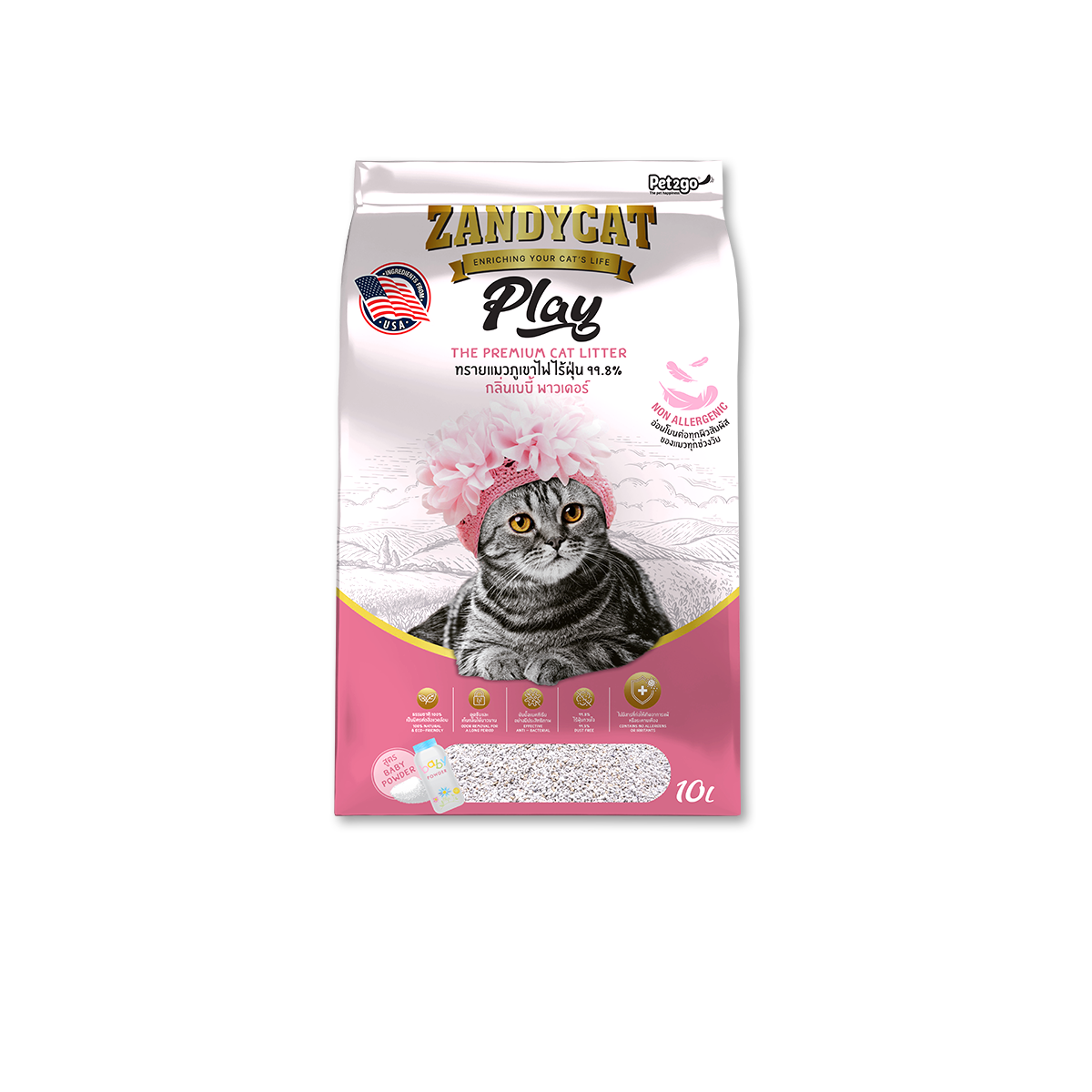 [MANOON] ZANDYCAT  Play Baby Powder Scented แซนดี้ แคท เพลย์ ทรายแมวภูเขาไฟ สูตรอ่อนโยน กลิ่น เบบี้ พาวเดอร์ ขนาด 10 ลิตร